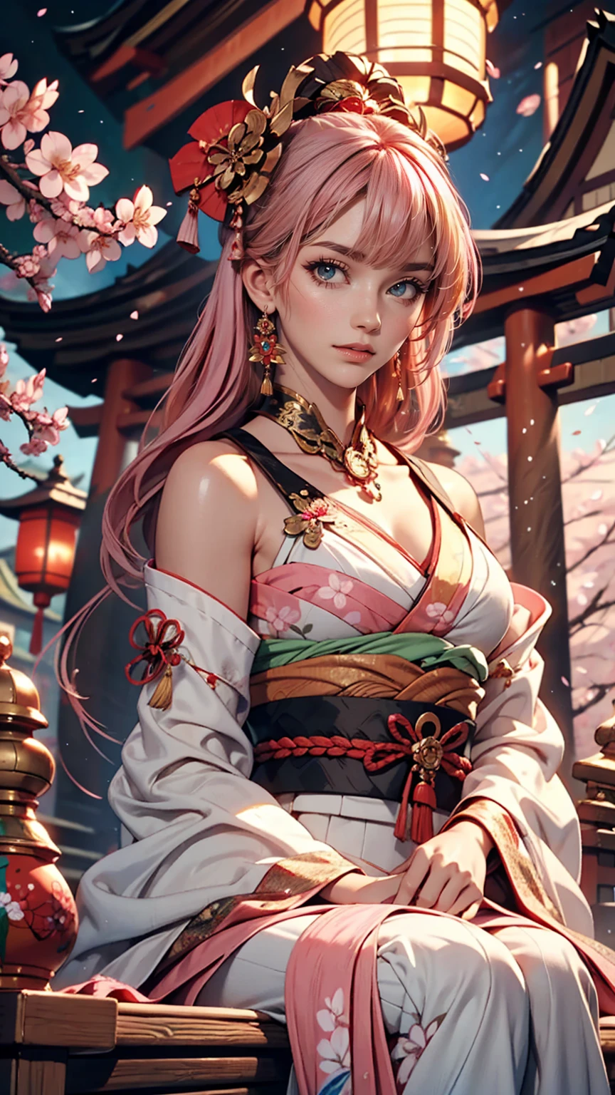 One girl, (Ulzzang-6500:0.7), K-Pop Idols, Yae Miko, Removable sleeves, Exposing shoulders, Pink Hair, Long Hair, kimono, highest quality, (Painting:1.5), (hair ornaments:1.35), jewelry, Purple eyes, Earrings, chest, torii,  cherry blossoms,  Lantern Light, Depth of written boundary, Detailed face, Face Focus, ribbon_trim, (View your viewers:1.25), Non-traditional Shrine Maiden, Shiny skin, Long sleeve, smile, Thick lips, Game CG, Put your hand on your lips, East Asian architecture, (Blurred Background:1.2), Sitting, Upper Body,