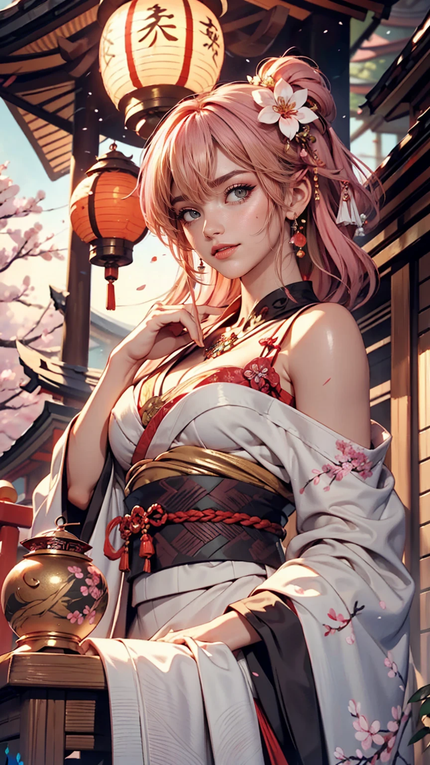 One girl, (Ulzzang-6500:0.7), K-Pop Idols, Yae Miko, Removable sleeves, Exposing shoulders, Pink Hair, Long Hair, kimono, highest quality, (Painting:1.5), (hair ornaments:1.35), jewelry, Purple eyes, Earrings, chest, torii, cherry blossoms, Lantern Light, Depth of written boundary, Detailed face, Face Focus, ribbon_trim, (View your viewers:1.25), Non-traditional Shrine Maiden, Shiny skin, Long sleeve, smile, Thick lips, Game CG, Put your hand on your lips, East Asian architecture, (Blurred Background:1.2), Sitting, Upper Body,