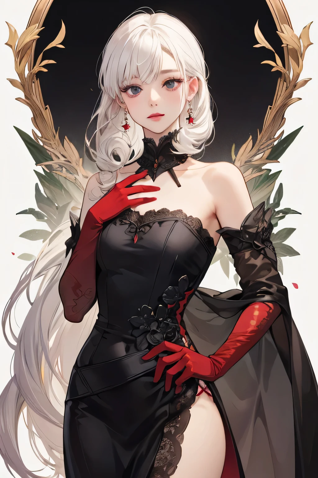 Empress, old girl, girl, 1 girl, beautyfull, elegant, shine, cool, depicting Equal eyes, (A female god) Look at camera, depicting delicate facial features, red yunani romawi dress, red gloves, gothic style, ribbon, short curl white hair, extreme detail, delicate depiction, black eyes, royal, elegant, noble, royal dress purple, black eyes, black eyes, perfect eyes, jewerlly, white short curl hair, white long hair