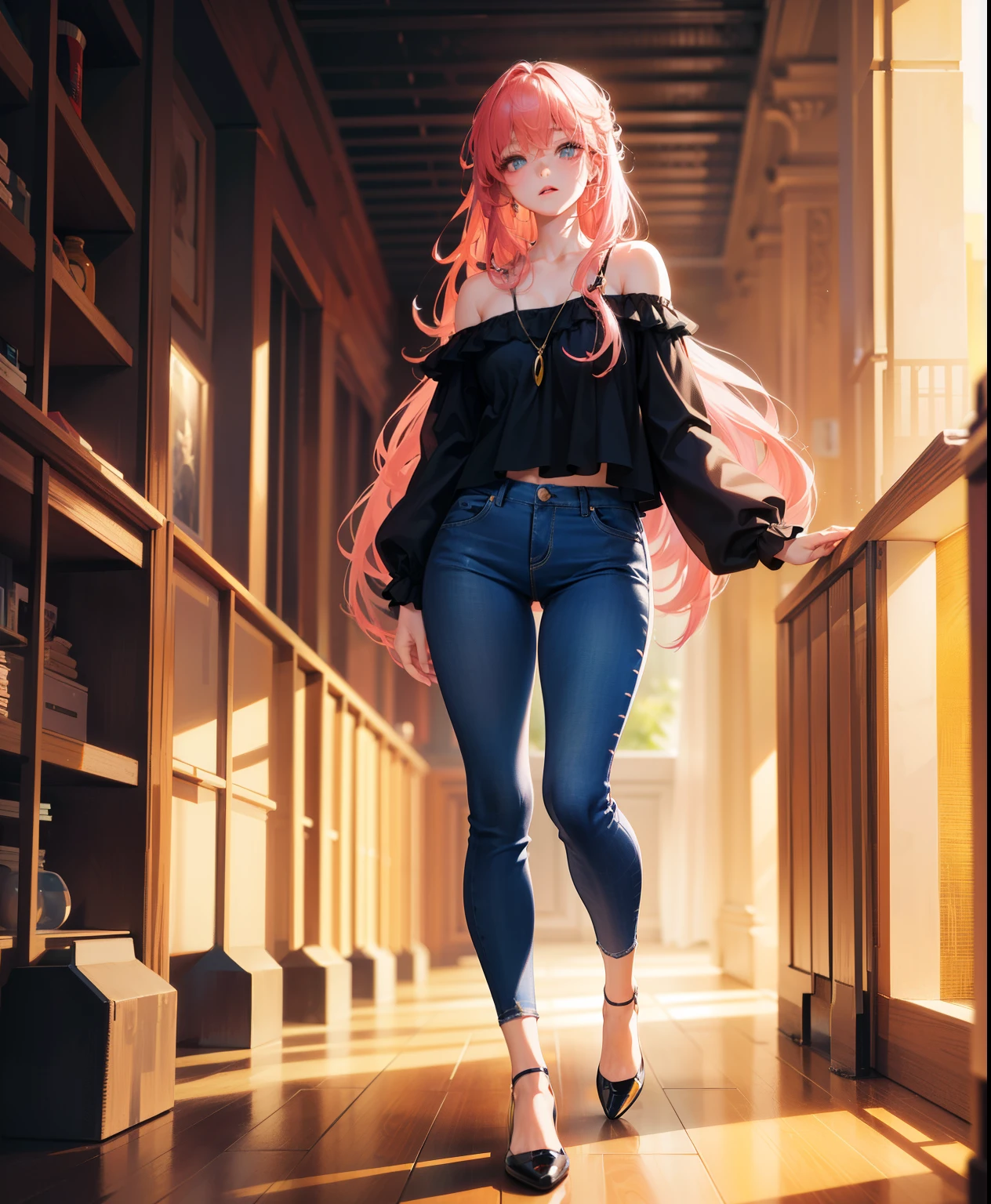 pink hair, (full body), (best quality,4k,8k,highres,masterpiece:1.2),ultra-detailed,((standing)), in casual clothes off-shoulder blouse, jeans, shoes on legs detailed eyes and lips, long eyelashes, beautiful detailed face, realistic posing, studio lighting, vivid colors, ultra-fine painting, flowing wavy hair, relaxed posture, soft lighting, warm color tones, high-resolution image(4k), ultra-detailed,(beautidful eyes:1.1),dynamicposes, (incredibly detailed eyes), Beautiful hairstyle, Realistic bright amber eyes, Beautiful details, Pale, smooth and luminous skin with iridescent shine and no imperfections, Ultra high definition,