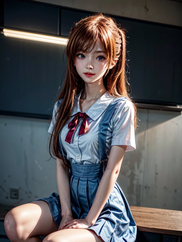 (8k, highest quality, Pieces fly:1.2)、Ultra-high resolution、anime,1 very pretty girl,Asuka Langley,Highly detailed face, Fine grain,blue eyes,,White sailor collar plain short sleeve shirt,Light blue skirt,Light Blue Suspenders,uniform_Red ribbon,Orange Hair,Long Hair、Detailed hand and fingers,put your hands in your hair,Grin、sitting on desk,Shooting from the sky,classroom