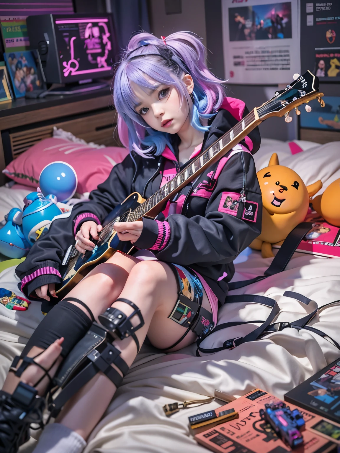 The girl lay on the bed,Holding a guitar and a bunch of toys, Guviz-style artwork, Anime girl cosplay, cyberpunk anime girl, style of anime4 K, e - girl, E-Girl, Guviz, Fanart Meilleure ArtStation, Guweiz in Pixiv ArtStation, anime-inspired, cyberpunk anime girl in hoodie