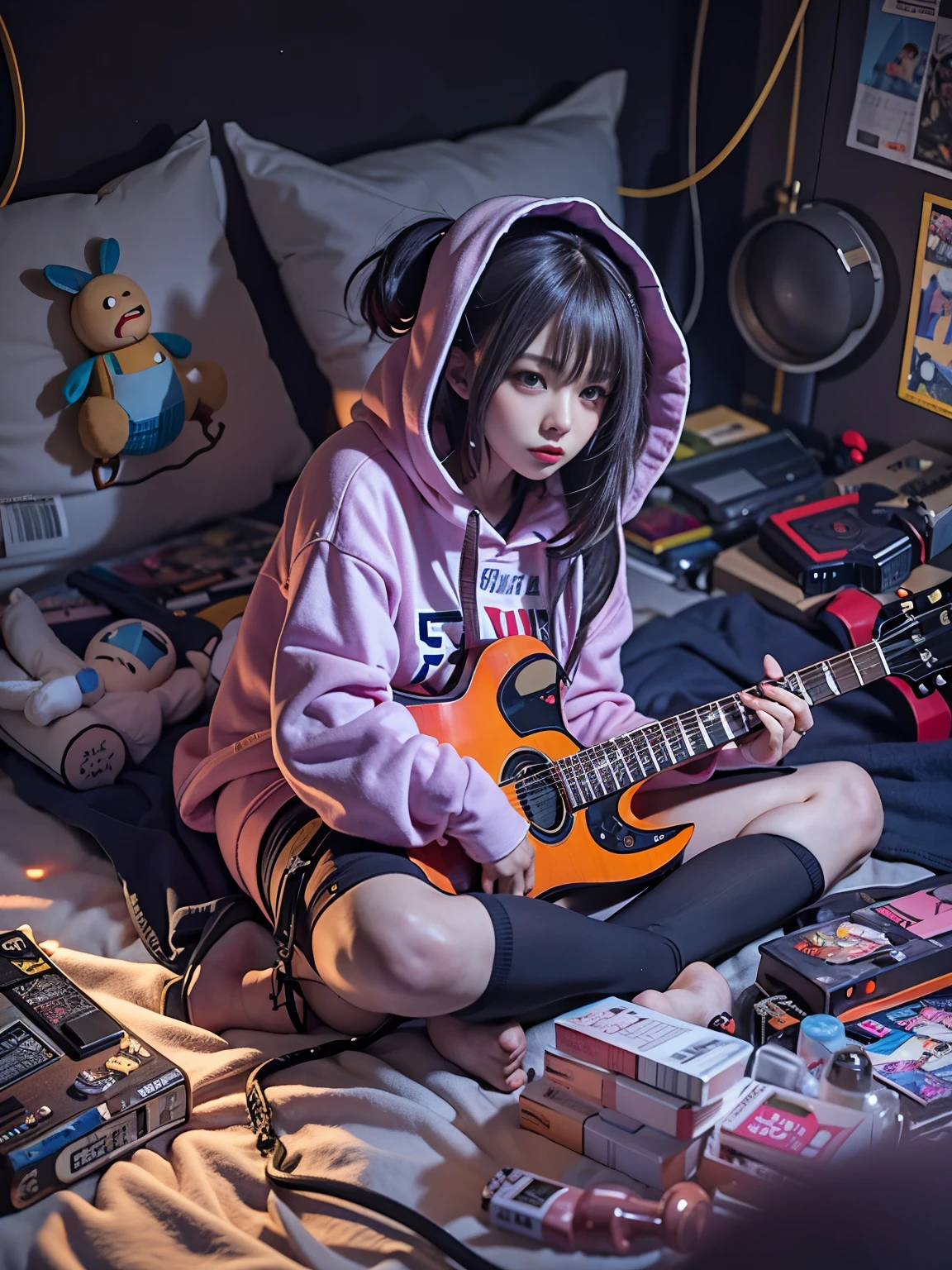 The girl lay on the bed,Holding a guitar and a bunch of toys, Guviz-style artwork, Anime girl cosplay, cyberpunk anime girl, style of anime4 K, e - girl, E-Girl, Guviz, Fanart Meilleure ArtStation, Guweiz in Pixiv ArtStation, anime-inspired, cyberpunk anime girl in hoodie