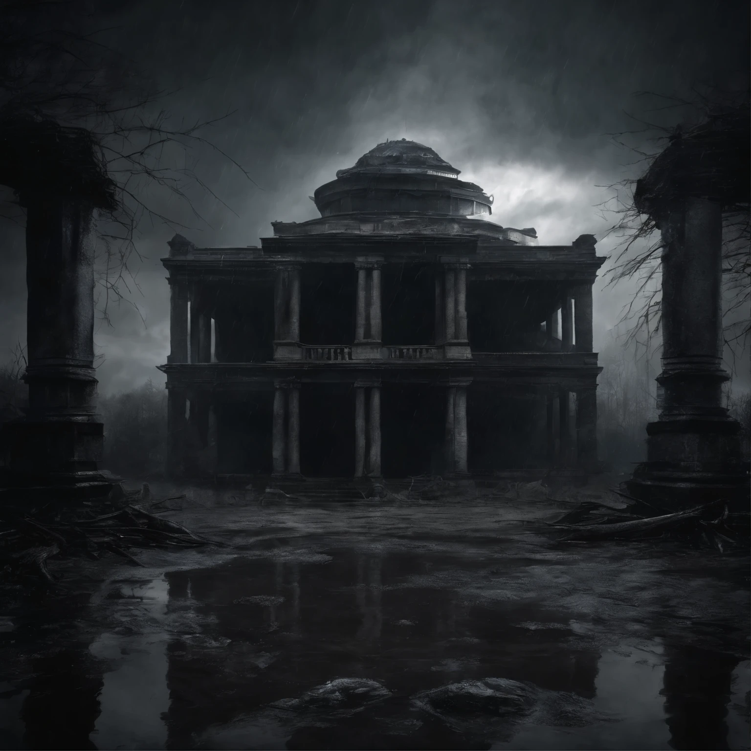 (best quality, masterpiece),( dark sky, heavy rain, inside abandoned temple, low water level stagnant water, ), realistic background, 2112, light*_black_particle,