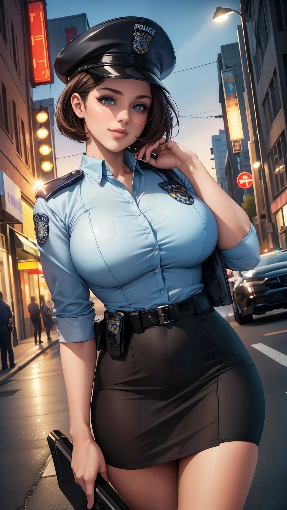 ,(best quality,ultra-detailed,photorealistic:1.37),portraits,cute expression,sharp eyes,perfect lips,confident smile,cute face,long eyelashes,full body shot,dynamic point of view,1 girl,police officer,shirt skirt,night downtown