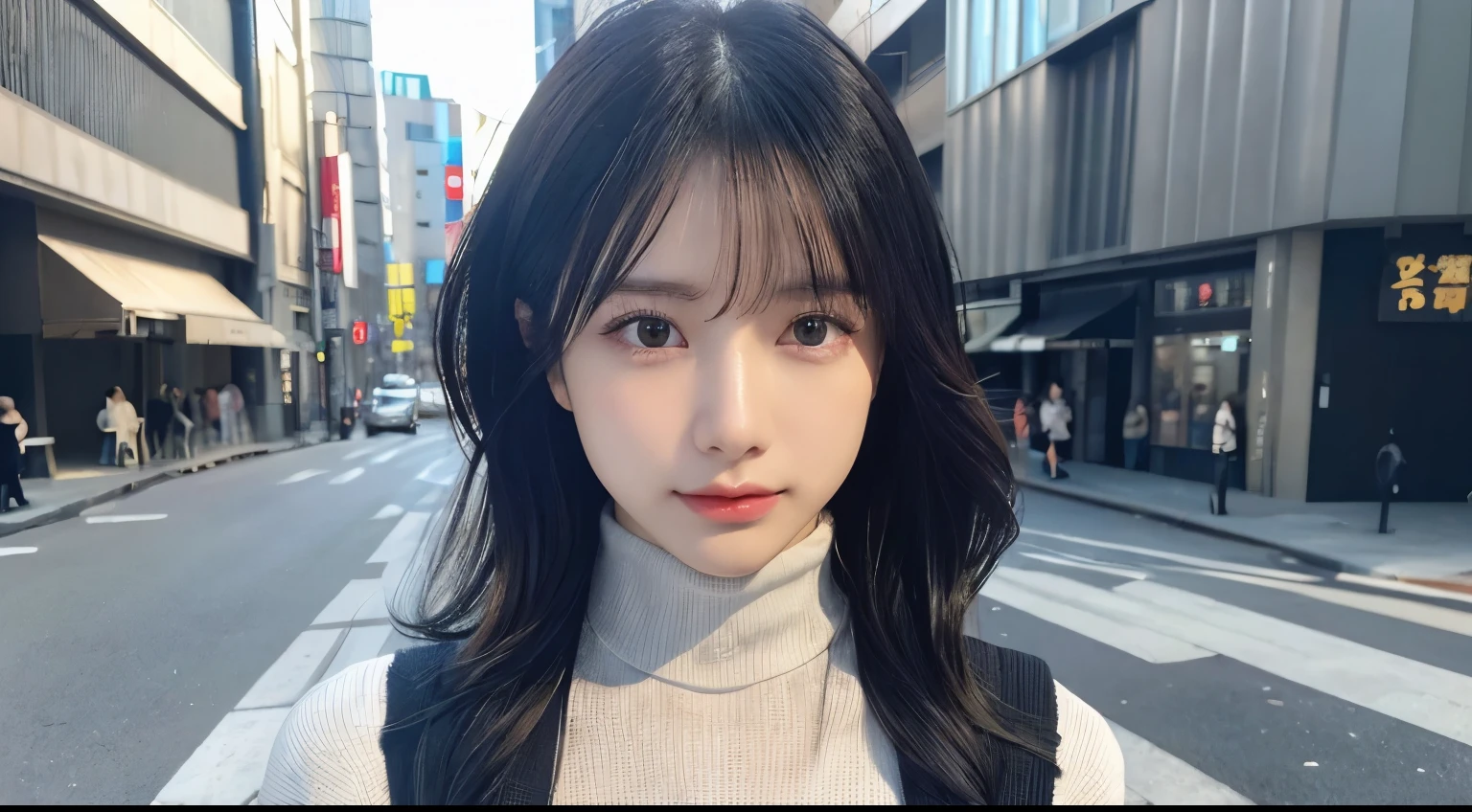 (huge 、Turtleneck knit、Shoulder bag)、(highest quality,masterpiece:1.3,超A high resolution,),(Ultra-detailed,Caustics),(Photorealistic:1.4,RAW shooting,)Ultra-Realistic Capture,Very detailed,High resolution 16K for human skin、 The skin texture is natural、、The skin looks healthy、The color is also uniform.、 Use natural light and color,One Woman,Japanese,,cute,Black-haired,Middle Hair,(Depth of written boundary、chromatic aberration、、Wide range of lighting、Natural Shading、)、(Hair swaying in the wind:1.2)、Tokyo cityscape