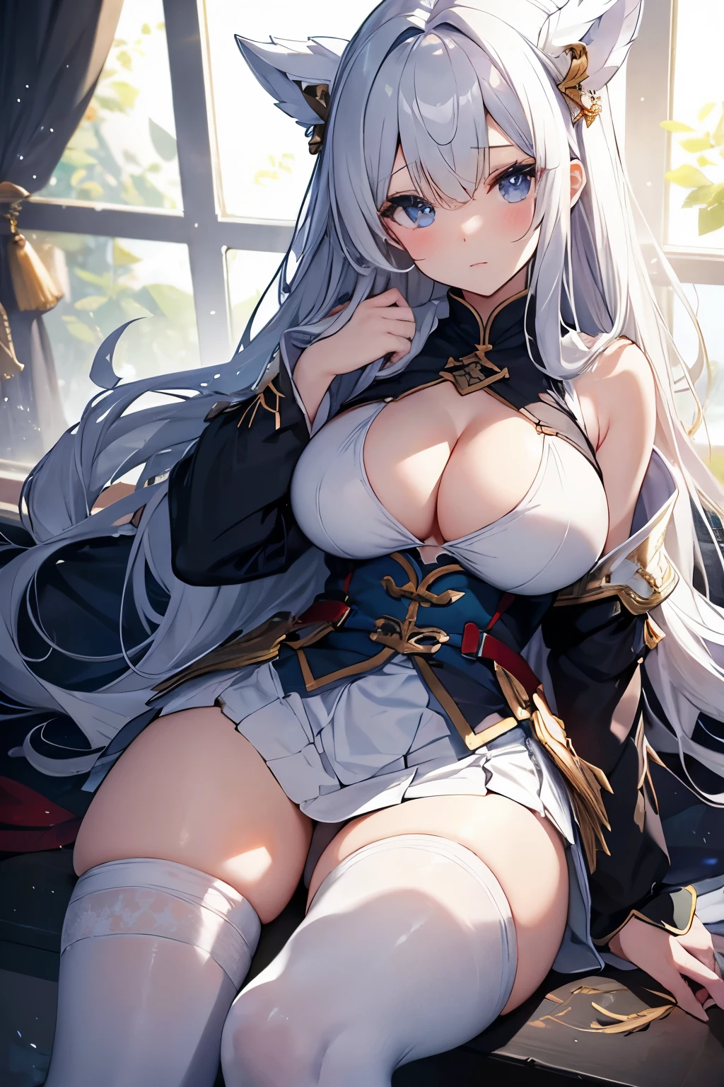 White Warrior。crusader。An illustration。girl。Big Breasts。Fantasy。Expose。White skin。mini skirt。breast。I can see your pants。With legs open。Fresnel。The hair is transparent with light。Thick thighs。She's flipping up her skirt herself。Holding out your hand。