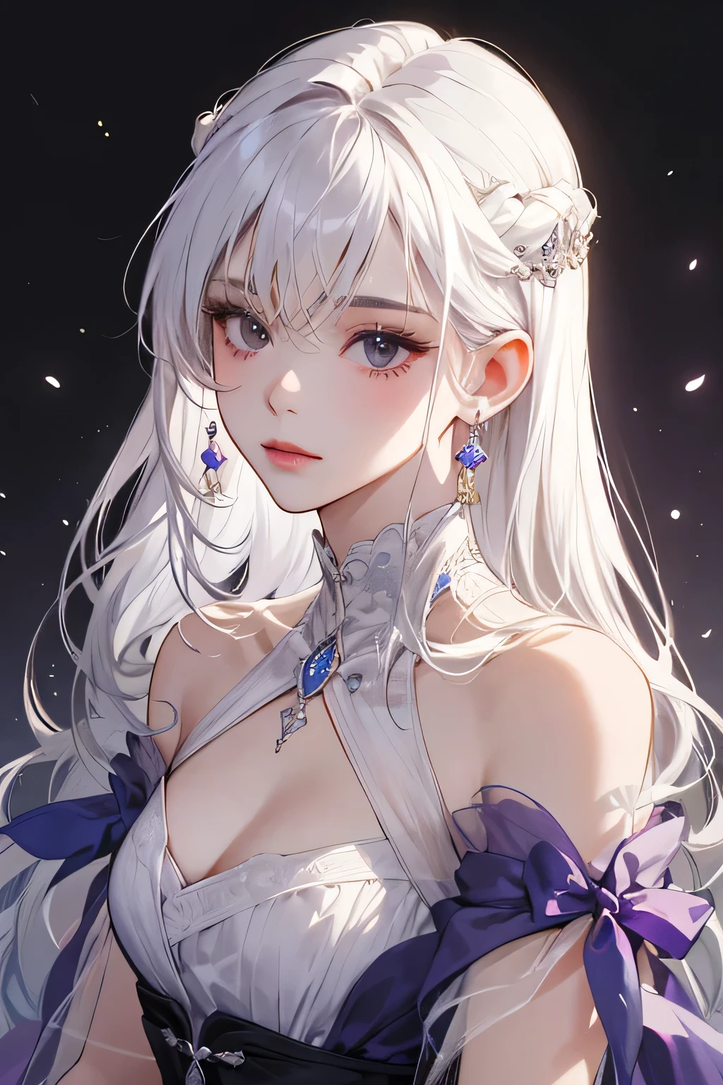 Empress, old girl, girl, 1 girl, beautyfull, elegant, shine, cool, depicting Equal eyes, (A female god) Look at camera, depicting delicate facial features, red yunani romawi dress, red gloves, gothic style, ribbon, long white hair, extreme detail, delicate depiction, black eyes, royal, elegant, noble, royal dress purple, black eyes, black eyes, perfect eyes, jewerlly, white short curl hair, white long hair, with purple dress yunani