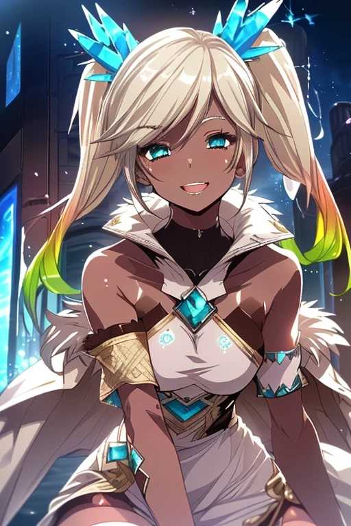 dynamic pose,汗をかいたskin,Shy laugh,Open your mouth,sit,Iooiklas,Platinum Blonde Hair,Twin tails, hair ornaments, White Dress, Black knee socks,
Removable sleeves,Complex eyes,Beautiful fine details,Symmetrical eyes,Big eyes:1.5,Seductive eyes,
(((dark skin,dark_skin,lustrous skin:1.5,bright skin: 1.5,
skin tanned,shiny skin,very shiny skin,Shiny body,plastic glitter
skin,exaggerated shiny skin,illuminated skin))),
(,Detailed body,(Detailed face)), cute,Lewd,erotic,Bold,Camel toe revealing outfit,show skin,(((Sexy aqua fur coat, Aqua fur coat outfit,
wearing a Ice Dress:1.3,aqua 冬 coat))), ((Ice Dress,elegant Ice Dress)),
(White gloves,White clothes,(((Complex outfit,Complicated clothes,Embroidered costume,Glamorous costumes,Embroidered clothes,
Glamorous clothing))),skinsuit, Bodysuits, pantyhose,
High resolution,Sharp focus,(Super detailed,Very detailed),(Very detailed CG unity 8k wallpaper),
(((Vibrant colors))),Western-style castle,Plants are overgrown,Mossy wall,