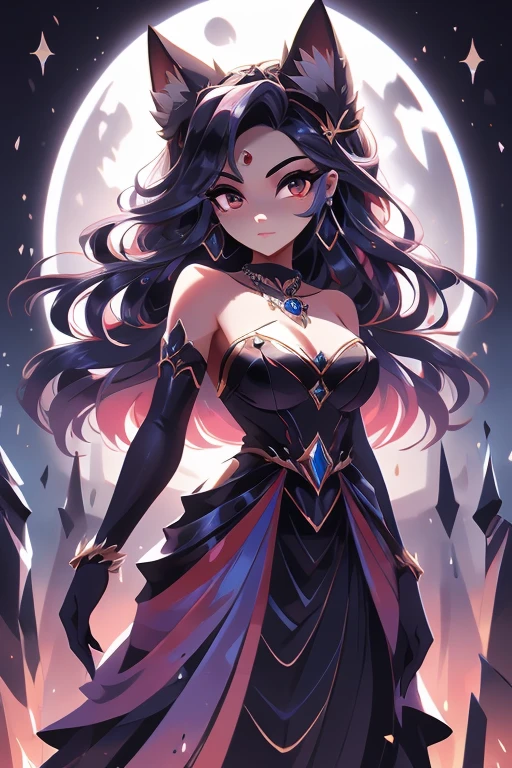 Nome: Valentina Raça: Vampira Cor da pele: pale, com um leve tom acinzentado Cor dos olhos: Vermelho intenso Cabelo: Longo e escuro, na cor preta, com mechas vermelhas Vestimenta: Um vestido elegante, na cor preta, com detalhes em renda e seda. She wears a black pearl necklace and elbow-length gloves.. accessories: Um par de presas afiadas, uma capa longa e negra, and a fan adorned with gothic details.Its background shows a gothic setting, with gloomy castles and a full moon shining in the sky, refletindo sua natureza noturna e misteriosa.