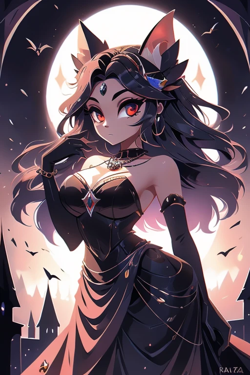 Nome: Valentina Raça: Vampira Cor da pele: pale, com um leve tom acinzentado Cor dos olhos: Vermelho intenso Cabelo: Longo e escuro, na cor preta, com mechas vermelhas Vestimenta: Um vestido elegante, na cor preta, com detalhes em renda e seda. She wears a black pearl necklace and elbow-length gloves.. accessories: Um par de presas afiadas, uma capa longa e negra, and a fan adorned with gothic details.Its background shows a gothic setting, with gloomy castles and a full moon shining in the sky, refletindo sua natureza noturna e misteriosa.