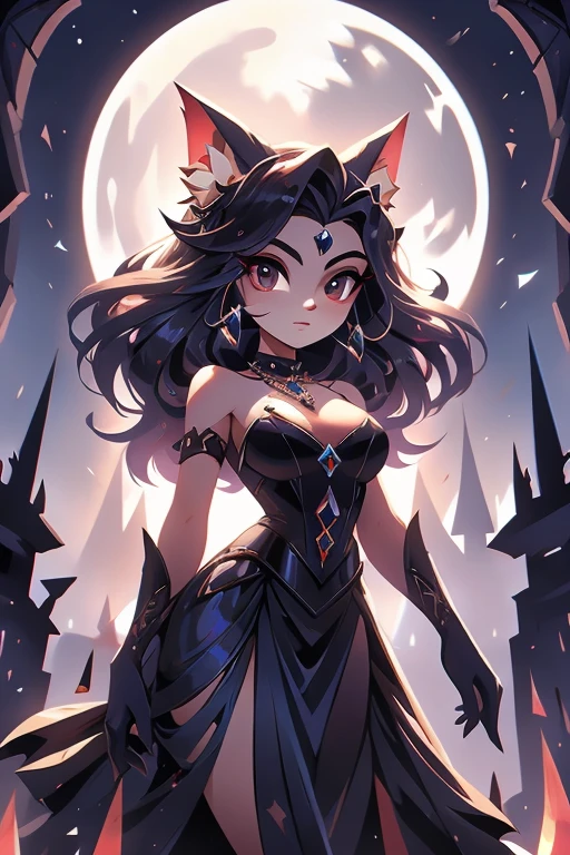 Nome: Valentina Raça: Vampira Cor da pele: pale, com um leve tom acinzentado Cor dos olhos: Vermelho intenso Cabelo: Longo e escuro, na cor preta, com mechas vermelhas Vestimenta: Um vestido elegante, na cor preta, com detalhes em renda e seda. She wears a black pearl necklace and elbow-length gloves.. accessories: Um par de presas afiadas, uma capa longa e negra, and a fan adorned with gothic details.Its background shows a gothic setting, with gloomy castles and a full moon shining in the sky, refletindo sua natureza noturna e misteriosa.