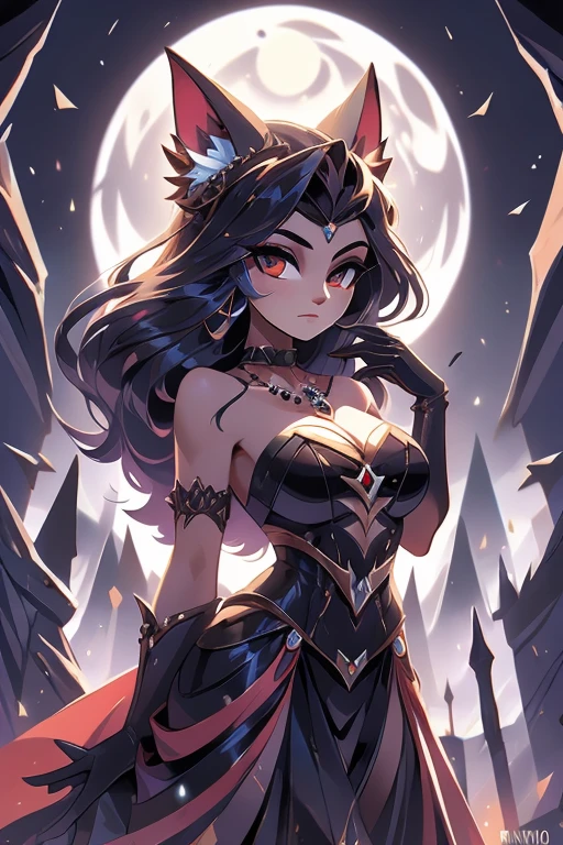 Nome: Valentina Raça: Vampira Cor da pele: pale, com um leve tom acinzentado Cor dos olhos: Vermelho intenso Cabelo: Longo e escuro, na cor preta, com mechas vermelhas Vestimenta: Um vestido elegante, na cor preta, com detalhes em renda e seda. She wears a black pearl necklace and elbow-length gloves.. accessories: Um par de presas afiadas, uma capa longa e negra, and a fan adorned with gothic details.Its background shows a gothic setting, with gloomy castles and a full moon shining in the sky, refletindo sua natureza noturna e misteriosa.