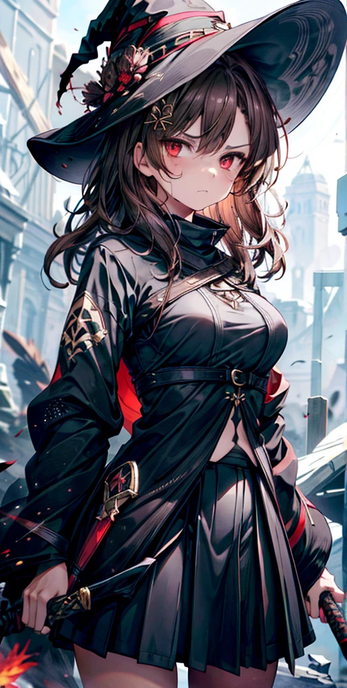 masterpiece,1girl, sparrow, a brown haired girl, wearing a witch clothes, wavy medium hair, messy hair, black skirt, slim body, she have a sword, medium breasts, she close her left eye, shirt ornament, lolippai, angry face, beautiful breasts, rounded breasts, crimson eyes, break halo, wizard hat, crimson eyes