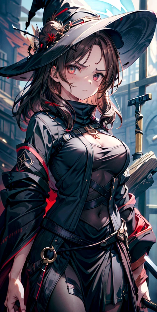 masterpiece,1girl, sparrow, a brown haired girl, wearing a witch clothes, wavy medium hair, messy hair, black skirt, slim body, she have a sword, medium breasts, she close her left eye, shirt ornament, lolippai, angry face, beautiful breasts, rounded breasts, crimson eyes, break halo, wizard hat, crimson eyes
