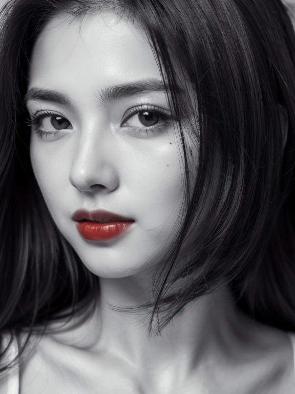 Masterpiece, Best Quality, Photorealsitic, Ultra-detailed, finely detail, high resolution, 8k wallpaper, Professional, high level of detail, ((monochrome photo)), 1girl in, ((Facing the front)), ((Only lips are in Red)), Detailed clavicle, face perfect,some moles in face, straight hair, (look straight at a camera)