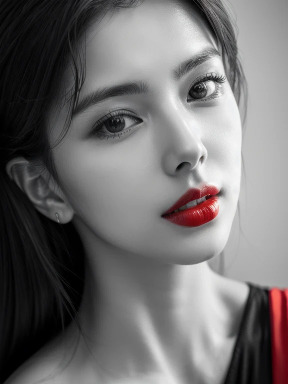 Masterpiece, Best Quality, Photorealsitic, Ultra-detailed, finely detail, high resolution, 8k wallpaper, Professional, high level of detail, ((monochrome photo)), 1girl in, ((Facing the front)), ((Only lips are in Red)), Detailed clavicle, face perfect,some moles in face, straight hair, (look straight at a camera)