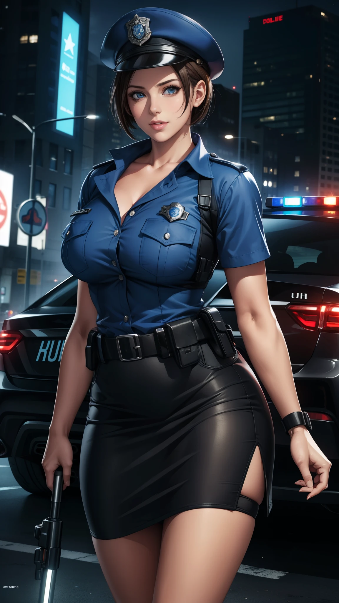 (1Woman), (((Diane Lane))) ((36 years old)), (Policewoman), (police uniform), Serious, Rosy cheeks, City streets, Daytime, hands on hips, handcuff on waist, Deep down Huge Cleavage, G Cup, pout, looking down at viewer, disheveled hair, magic hands, {{{High Quality}}}, {{{Ultra-detailed}}}, {{{Sharp focus}}}, {{{masterpiece}}}, octane render, hdr, (hyperdetailed:1.15), 32k wallpaper, {an extremely delicate and beautiful}