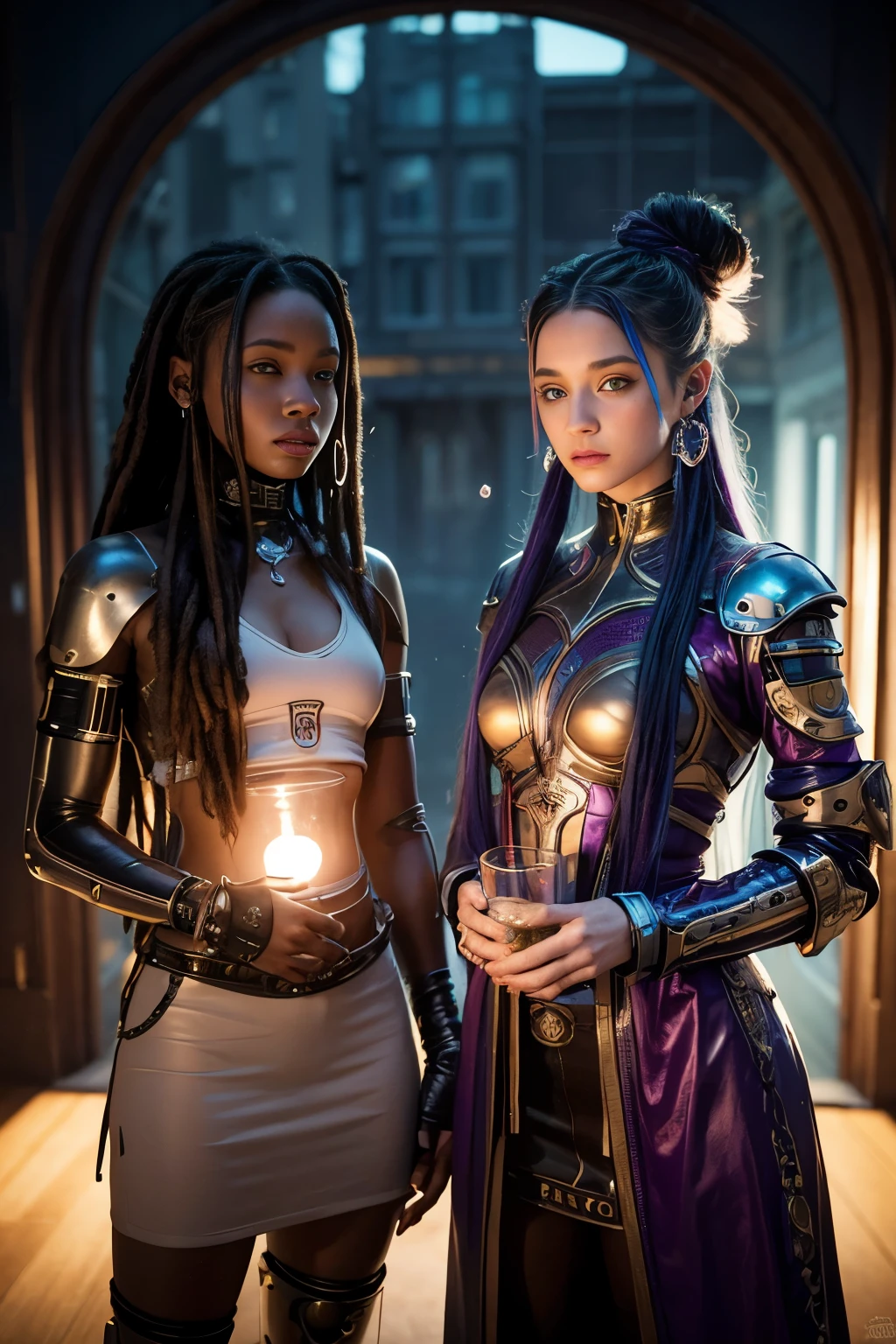 there are two women with dreadlocks blowing bubbles in a dark room, darius zawadzki and tom bagshaw, a biopunk cyborg, psychedelic colorization, smoking vessels, 3 d render of a shaman, oxygen mask, beautiful gemini twins, blowing bubblegum, hippie fashion