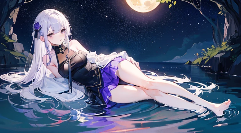 Lilac gradient hair,Asymmetrical hair,（（Very voluminous hair 1.8，Clear head outline 1.5））， Shoulder-length hair, Messy hair, Very long hair, Shiny hair，(Long hair:1.2),A beautiful girl，Gorgeous purple mini skirt，tall，slim，(看起来很sad，pale，sad，shut up：1.2） Against the backdrop of the bright dark starry sky，Side-lying，barefoot，float，water surface，dignified，Long Law，Long Law，fully，Normal legs，Whole body love