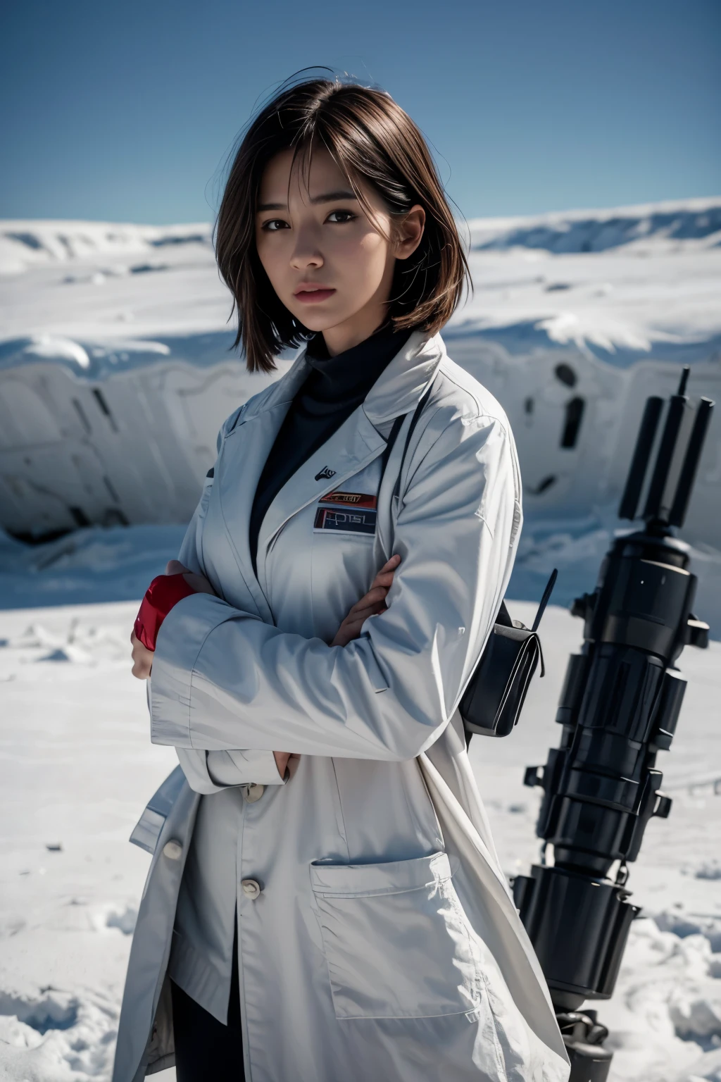 Ring World,Science Fiction,Sci-Fi Movies,Artillery,Long-Range Missiles,Based on the movie Foundation ,Woman,Adult,Protagonist,28 years old,hopeful face,brown eyes,short hairstyle,black hair with white gray,scientist uniform,white researcher coat,open meadow,rebel,chaotic,future world,world of socialism,snow,chaos