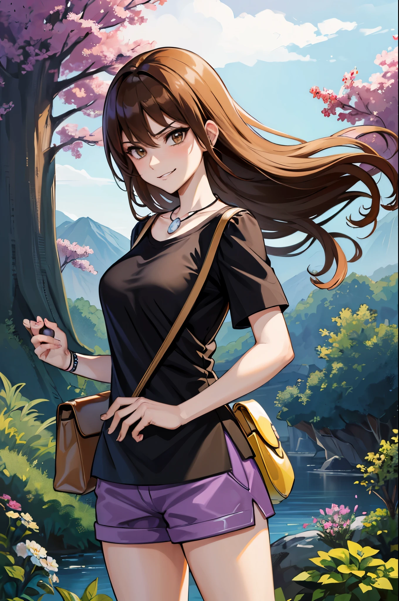 (masterpiece, best quality:1.2), expressive eyes, perfect face, highres, 1girl, solo, (female:1.5), blue oak, brown hair, long hair, brown eyes, black shirt, short sleeves,  purple shorts, shoulder bag, necklace, wrist band, smirk, arrogant face, hold a pokeball, standing, landscape, cowboy shot, looking at the viewer