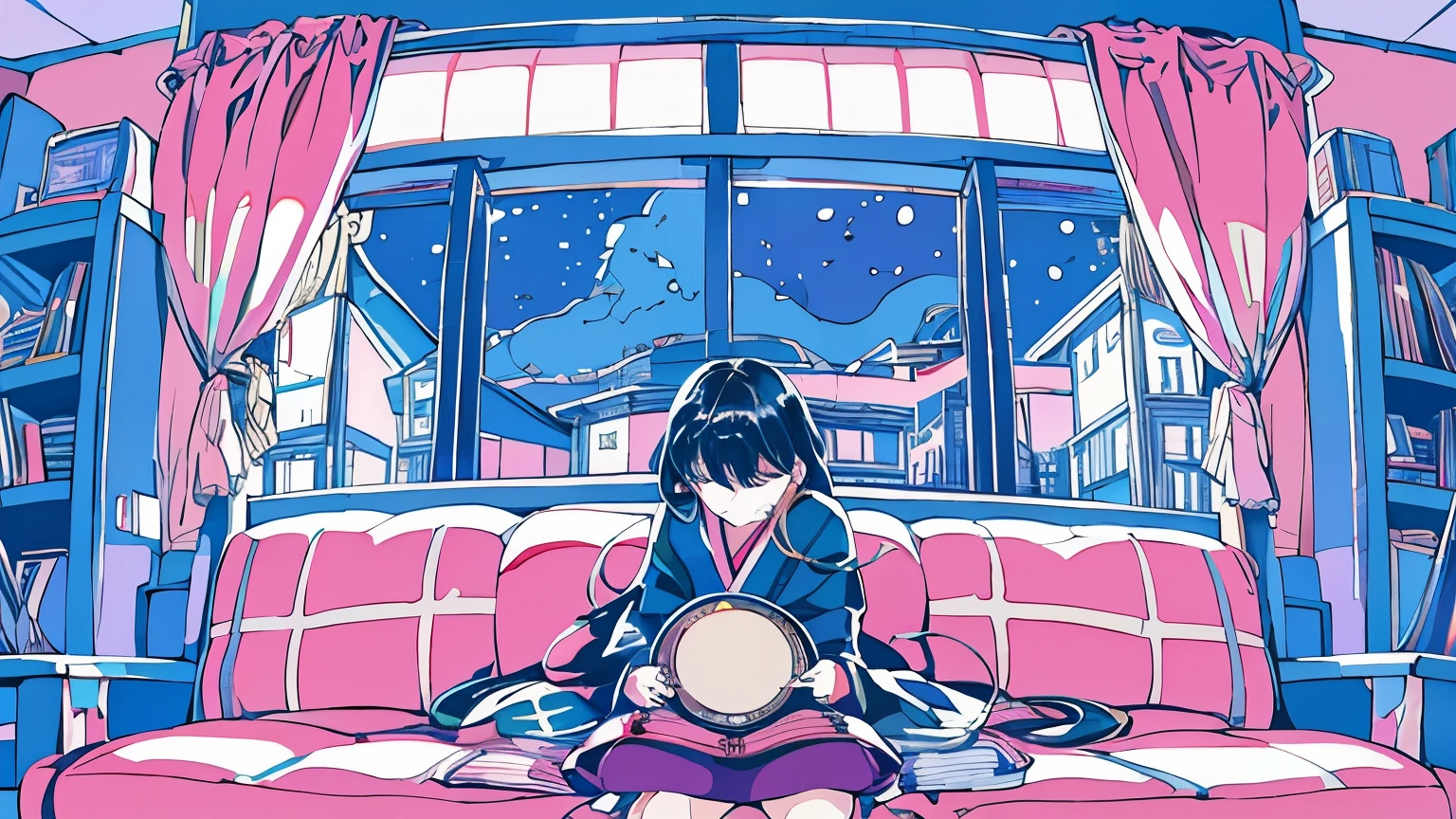 A Japanese woman with elegant features and radiant skin sits cross-legged on a plush sofa in her cozy room. Her long, black hair falls in soft waves around her shoulders, framing her pretty face as she closes her eyes and loses herself in the melodic tunes playing through her vintage record player. The shelves lining the room are adorned with an impressive collection of records, their covers a vibrant mosaic of colors that add a touch of character to the serene atmosphere. The large windows, draped with translucent curtains, offer a mesmerizing view of the night sky, where the twinkling stars cast their gentle glow over the tranquil scene. The room is