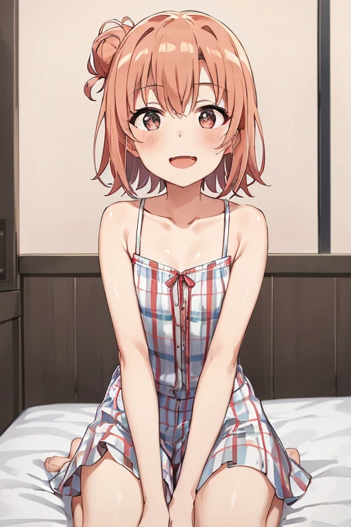 ((highest quality)), ((masterpiece)), (be familiar with), Perfect Face, indoor, Bedroom, Watching the audience,
One woman, Yuigahama Yui,
Open Mouth, Ecstatic expression, blush, smile,
Small breasts, Flat Chest, Young Girl, , , Girl,
Short Hair, Salmon-colored hair, Salmon-colored eyes, Side Pony,
Leg spread,