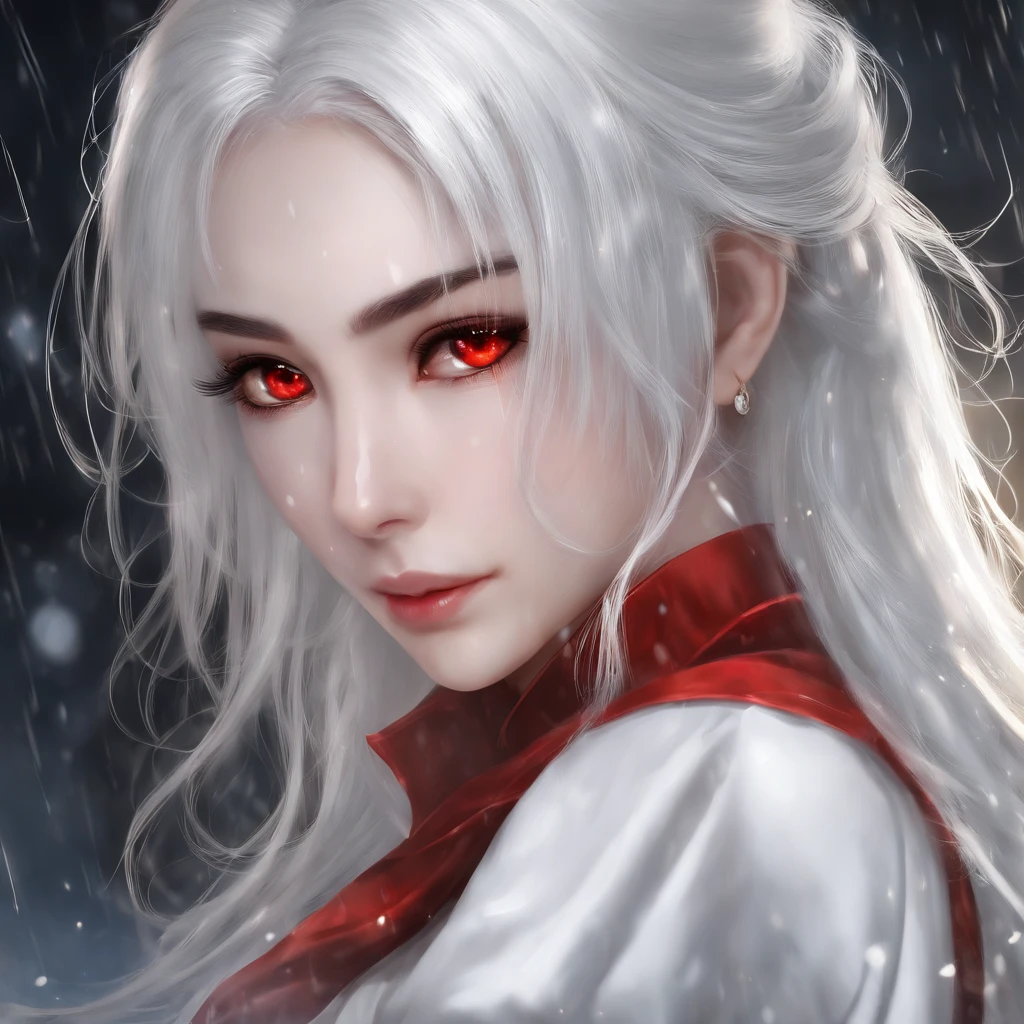 masterpiece, Best quality, extremely detailed, cinematic lightning,
the hard part, a high resolution,
official art, finely detailed beautiful face and eyes,
high resolution illustration, VC,
depth of field,One, girl,
girl with white hair and red eyes, long white hair, beautiful red eyes, beautiful landscape, rainy city, upper body, I'm looking at the viewer,
Close-up detailed
