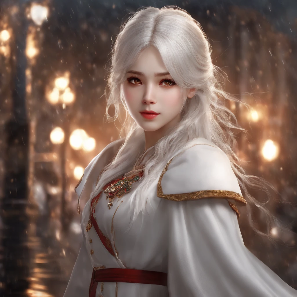 masterpiece, Best quality, extremely detailed, cinematic lightning,
the hard part, a high resolution,
official art, finely detailed beautiful face and eyes,
high resolution illustration, VC,
depth of field,One, girl,
girl with white hair and red eyes, long white hair, beautiful red eyes, beautiful landscape, rainy city, upper body, I'm looking at the viewer,
Close-up detailed