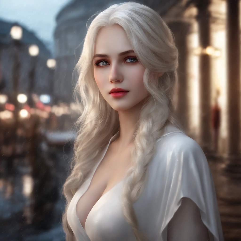 masterpiece, Best quality, extremely detailed, cinematic lightning,
the hard part, a high resolution,
official art, finely detailed beautiful face and eyes,
high resolution illustration, VC,
depth of field,One, girl,
girl with white hair and red eyes, long white hair, beautiful red eyes, beautiful landscape, rainy city, upper body, I'm looking at the viewer,
Close-up detailed