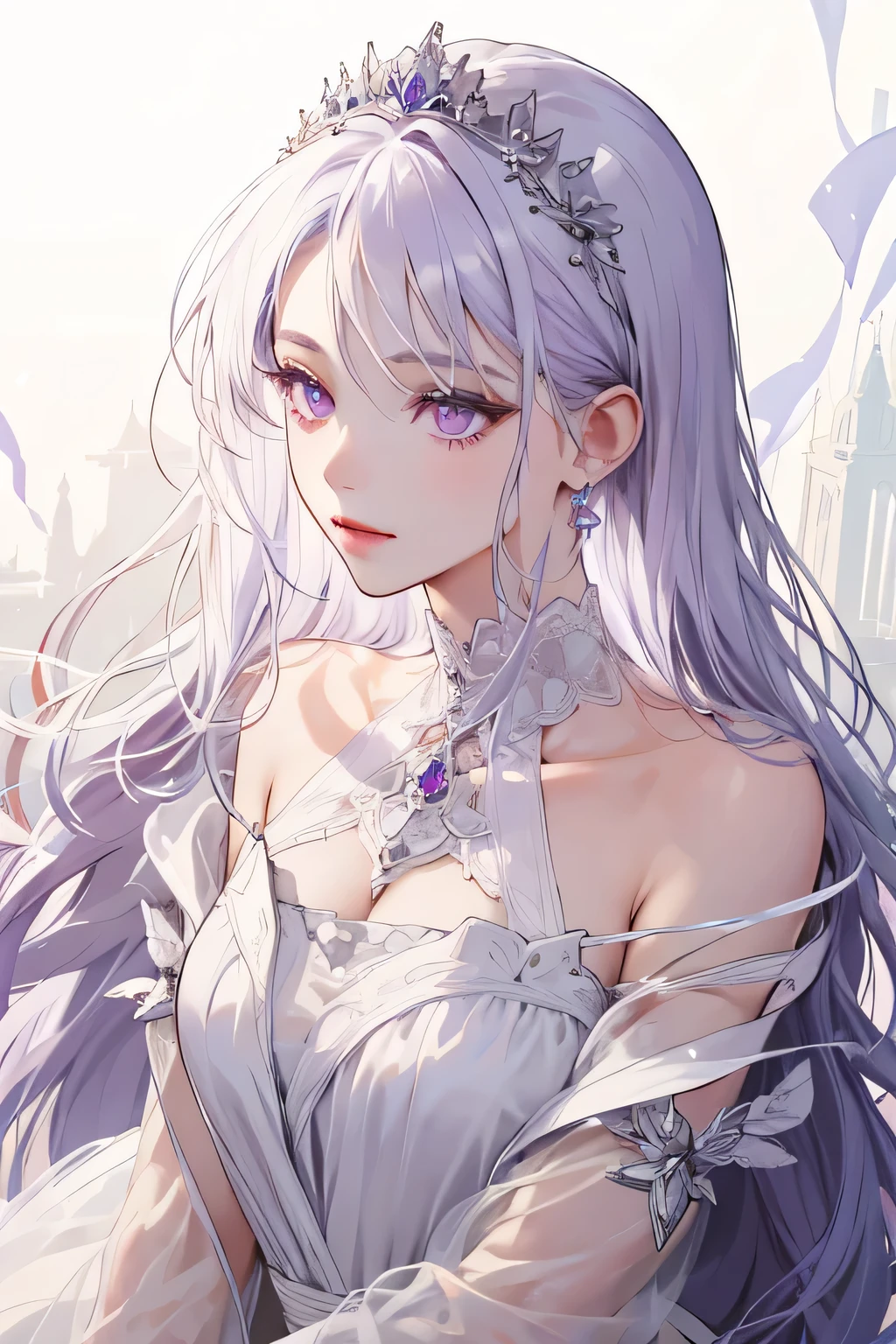 Empress, old girl, girl, 1 girl, beautyfull, elegant, shine, cool, depicting Equal eyes, (A female god) Look at camera, depicting delicate facial features, red yunani romawi dress, red gloves, gothic style, ribbon, long white hair, extreme detail, delicate depiction, purple eyes, royal, elegant, noble, royal dress purple, purple eyes, purple eyes, perfect eyes, jewerlly, white long hair, white long hair, with white dress yunani