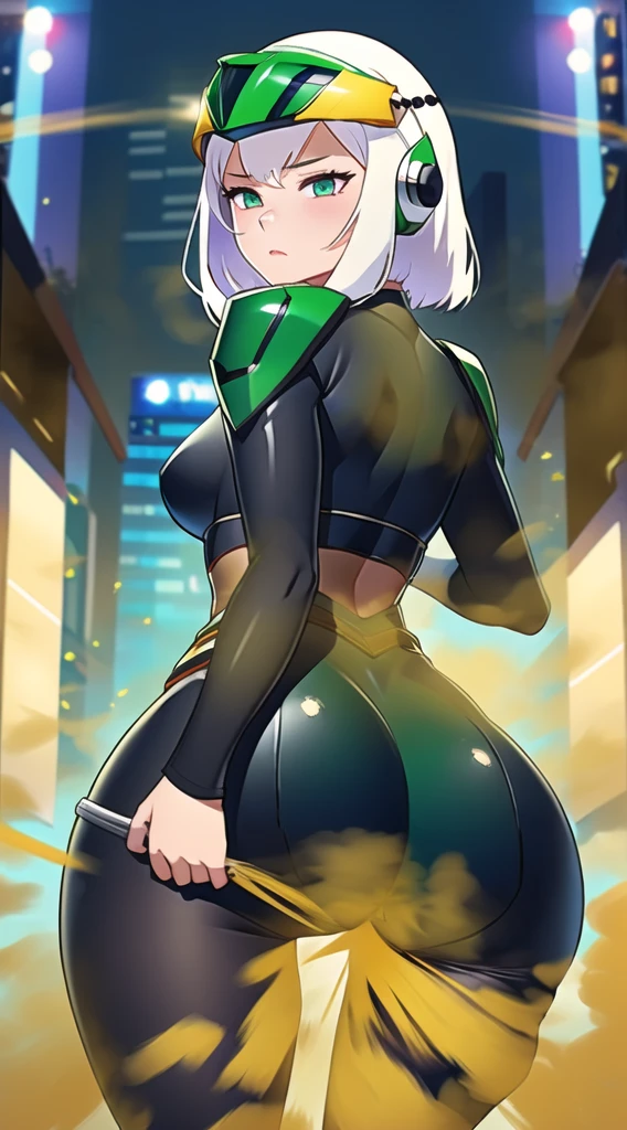 ((velocity)),Attacked by farts, (((Women farting))),(girl farting),velocity,)),(her butt facing screen)),(whitehair),(Best Shadows)、(The best lighting、extremely delicate and beautiful)、depth of fields、1girl in、solo、upward looking gaze、Highest image quality, outstanding details, ultra-high resolution, (realism: 1.4), the best illustration, favor details, highly condensed 1girl, with a delicate and beautiful face, dressed in a black and green mecha, wearing a mecha helmet, holding a directional controller, riding on a motorcycle, the background is a high-tech lighting scene of the future city.
