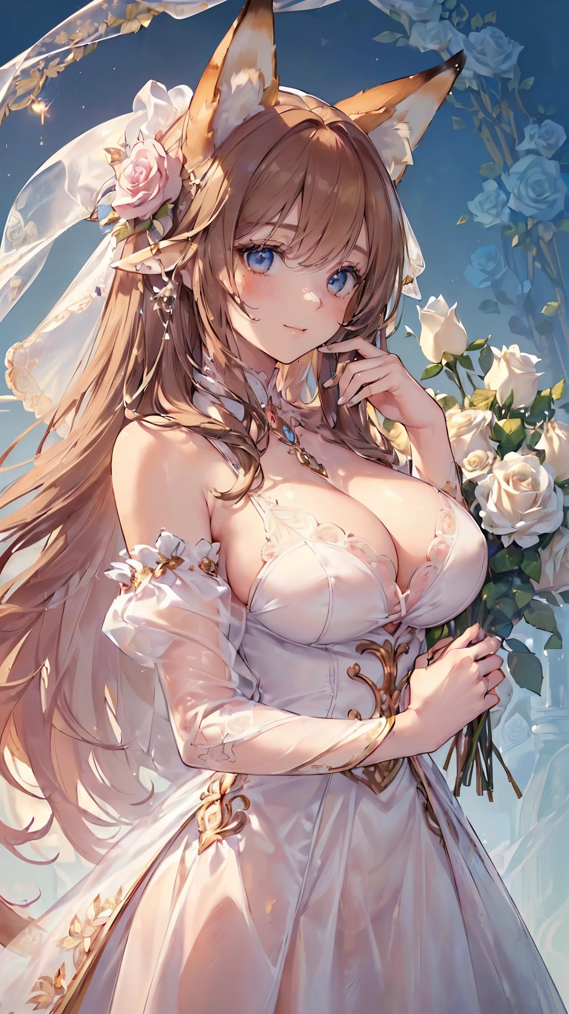 (((Masterpiece))), (((Highest quality))), ((Ultra-detailed)), ((Super fine illustration)), ((Ultra-fine painting)), (16K highest quality wallpaper:1.4), (Upper body:1.4), (Highly detailed and delicate illustration style:1.8), Detailed skin texture, Detailed cloth texture, Detailed rose flower texture, Extreme detailed description, (T-masterpiece), (Highly detailed face:1.4), (Highly detailed fox ears:1.2), (Highly detailed golden brown hair:1.2), (Highly detailed, beautiful and clear eyes:1.2), Original, RAW photo, Professional, Intricate details, Super details, Direct light:1.6, (Perfect anatomy:1.4), (Highly detailed hands:1.2), (Highly detailed fingers:1.2), (Highly detailed fingertips:1.2), (27-years-old), Real, (Solo:1.6), ((A very beautiful and attractive fox female fashion model:1.4))
BRAKE
(Beautiful and adorable fox ears:1.6), (Highly detailed and delicate fox ears:1.4), (Beautiful and well-shaped big breasts:1.2), (Beautiful and well-shaped buttocks), (Beautiful and shiny golden brown hair:1.6), (Highly detailed and delicate golden brown hair:1.4), (Beautiful clear blue eyes that shine with great detail:1.6), (Highly detailed and delicate blue eyes:1.2), (Highly detailed face:1.4), (Smile:1.4), (Looking at viewer:1.4), (Standing:1.4), (Celebration:1.4)
BRAKE
((A beautiful and gorgeous princess dress that is detailed and delicate to be worn at celebratory occasions:1.4))
BRAKE
((Holding in both hands a large bouquet of highly detailed and delicate ((white and pink roses)):1.3))
BRAKE
(Just after noon:1.4), (Celebration:1.4), ((Highly detailed and delicate white rose flower and pink rose flower garden background:1.4)), (Highly detailed and delicate royal palace courtyard background in just after noon in spring:1.4) BRAKE