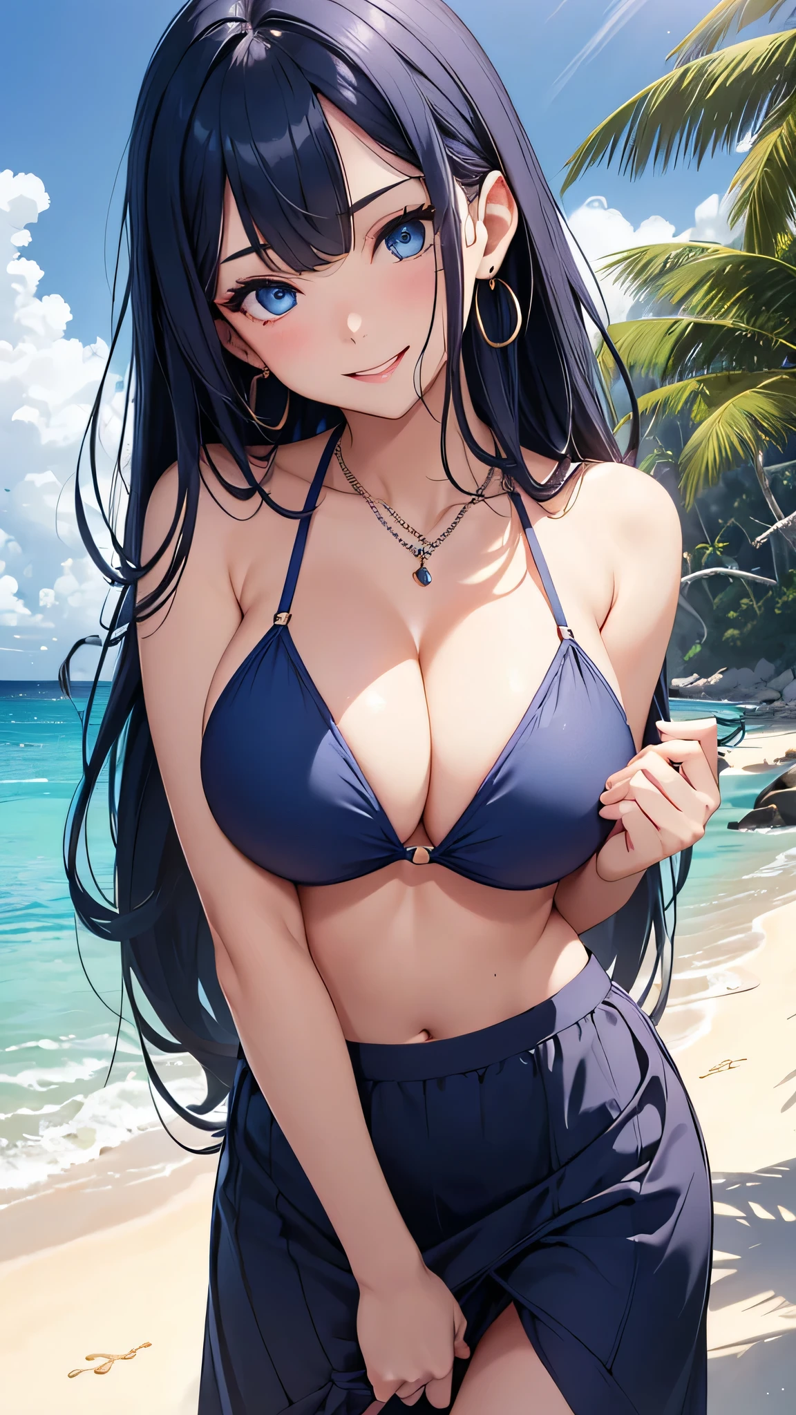 beautiful girl,Long dark blue hair ,blue eyes,Navy Blue Bikini、Big cleavage、(Big Breasts)、smile、blue necklace、Blue Earrings、background(Beach)、Sexy pose、Please open your mouth wide、Navy Blue Skirt