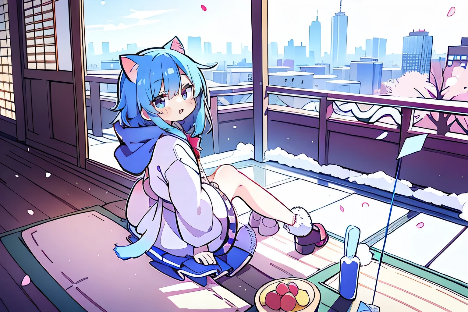 (masterpiece:1.2),Super detailed,lifelike,Expressive eyes,fair skin,perfect face shape,1 girl,
Japanese comics,Gorgeous blue hair,flowing blue hair,flowing clothes,Cat ears,Petals fall,beautiful lola,Baby Angel,
Cross your legs,Gentle and peaceful background,The pavilion is cool and comfortable,smile, wearing hoodie, background of tokyo,back views,snowing, winter.