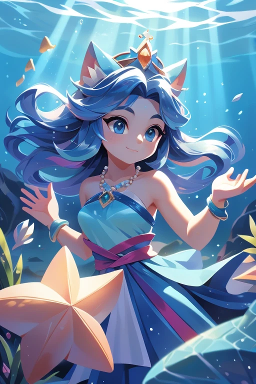 Nome: Marina Raça: Sereia Cor da pele: Um tom de azul claro e brilhante Cor dos olhos: Azul turquesa Cabelo: Longo e ondulado, na cor azul marinho, com reflexos prateados Vestimenta: A blue shell top and flowing train in different shades of blue, with details of silver scales Accessories: A necklace of blue pearls and a crown of shells and starfish. Its background shows stunning underwater scenery, com corais coloridos, tropical fish and sun rays filtered through the water, reflecting its connection with the underwater world.