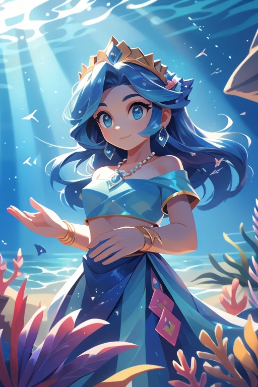 Nome: Marina Raça: Sereia Cor da pele: Um tom de azul claro e brilhante Cor dos olhos: Azul turquesa Cabelo: Longo e ondulado, na cor azul marinho, com reflexos prateados Vestimenta: A blue shell top and flowing train in different shades of blue, with details of silver scales Accessories: A necklace of blue pearls and a crown of shells and starfish. Its background shows stunning underwater scenery, com corais coloridos, tropical fish and sun rays filtered through the water, reflecting its connection with the underwater world.