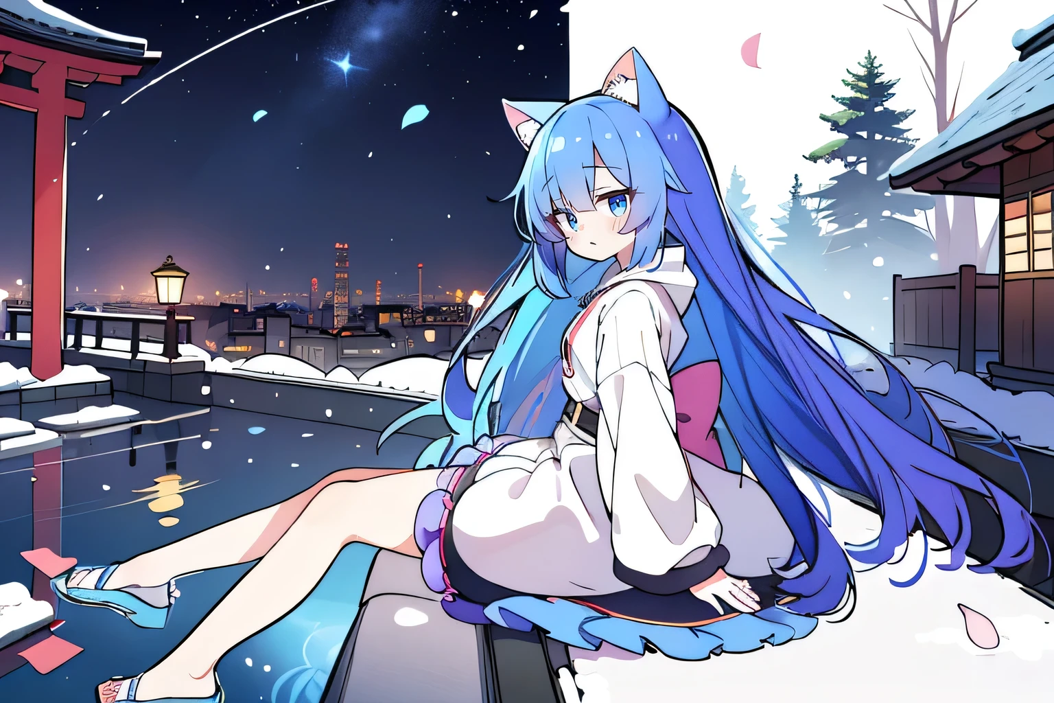 (masterpiece:1.2),Super detailed,lifelike,Expressive eyes,fair skin,perfect face shape,1 girl,
Japanese comics,Gorgeous blue hair,flowing blue hair,flowing clothes,Cat ears,Petals fall,beautiful lola,Baby Angel,
Cross your legs,Gentle and peaceful background,The pavilion is cool and comfortable,smile, wearing hoodie, background of tokyo,back views,snowing, winter.
