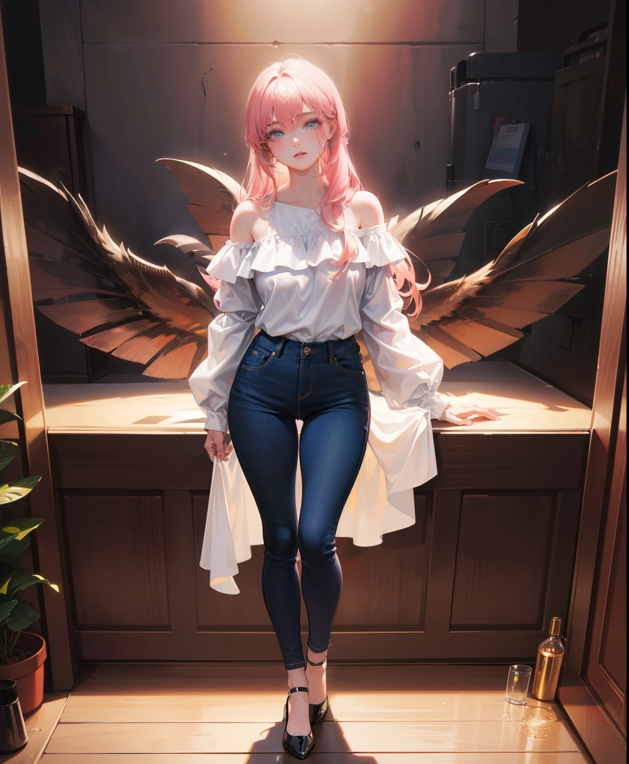 pink hair, (full body), (best quality,4k,8k,highres,masterpiece:1.2),ultra-detailed,((standing)), in casual clothes off-shoulder blouse, jeans, shoes on legs detailed eyes and lips, long eyelashes, beautiful detailed face, realistic posing, studio lighting, vivid colors, ultra-fine painting, flowing wavy hair, relaxed posture, soft lighting, warm color tones, high-resolution image(4k), ultra-detailed,(beautidful eyes:1.1)，dynamicposes, (incredibly detailed eyes), Beautiful hairstyle, blue eyes, Beautiful details, Pale, smooth and luminous skin with iridescent shine and no imperfections, Ultra high definition, 16 years old girl