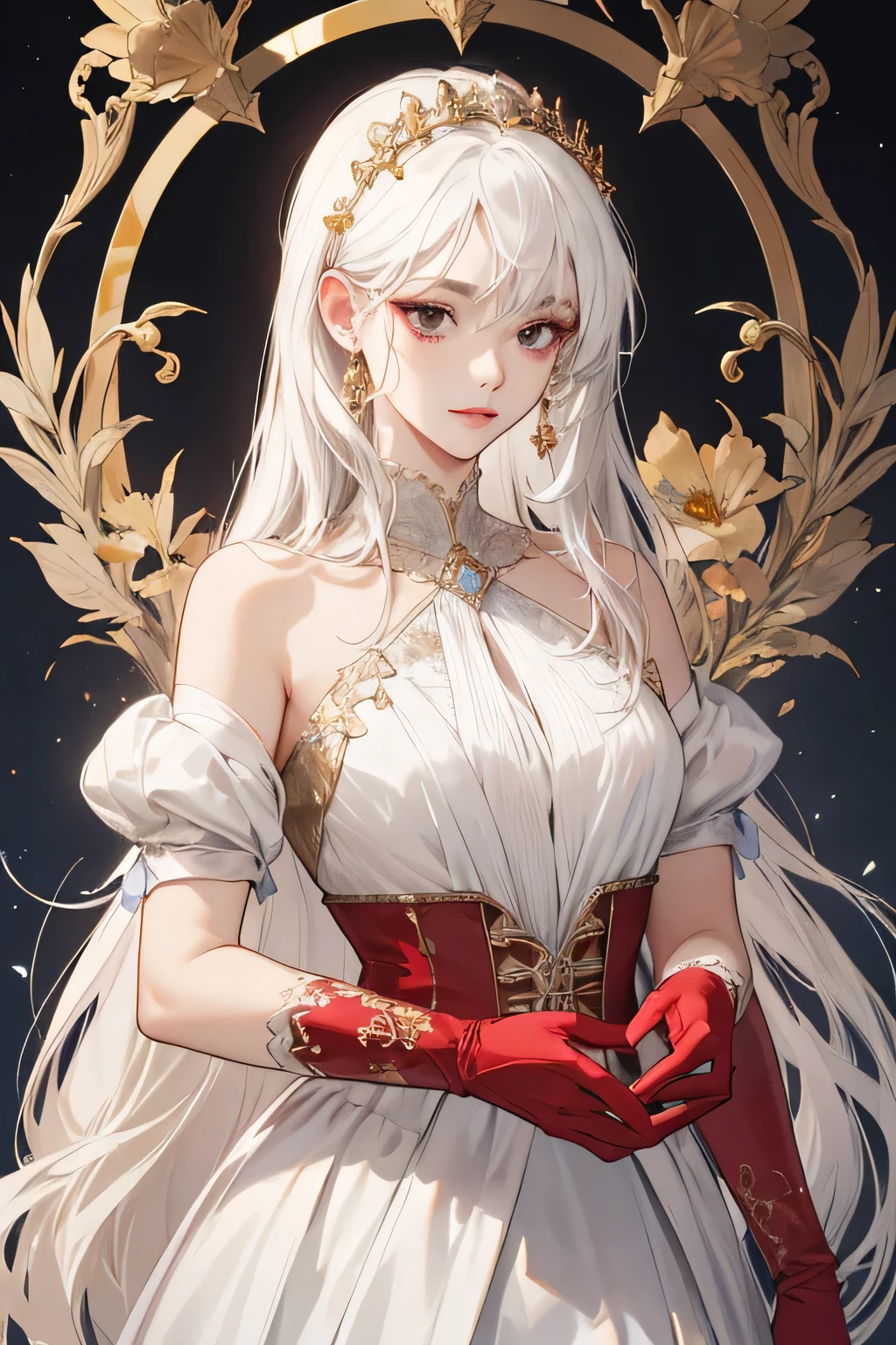 long wavy pale blonde hair,two long wavy sides bangs behind, pale blonde eyelashes, pale green eyes color,long fluffy wavy hair, white bow tied behind her hair, wearing a white off-the-shoulder blouse and a cloak at her shoulder,pale lavender puffy skirt, white lace fingerless glove, white high heels, hair details , average breast , beautiful background, clothes details, adult woman,red lips, flowers on her hair, holding a magic staff, background details, celestial dress, full body, perfect image, perfect face,body,legs,face,hands,1 girl