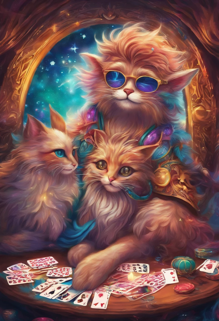 Playing poker,Soft pastel colors,sunglassesをかけた猫,Whimsical fantasy creatures,realistic fur texture,Sparkling, iridescent fur,sunglasses,Mischievous Smile,Enchanting background with twinkling stars,Fantastic lighting,Night Creatures Tags,Artistically detailed illustrations,High resolution,Beautiful Landscape,Breathtaking views,Vibrant colors,Fantasy art style