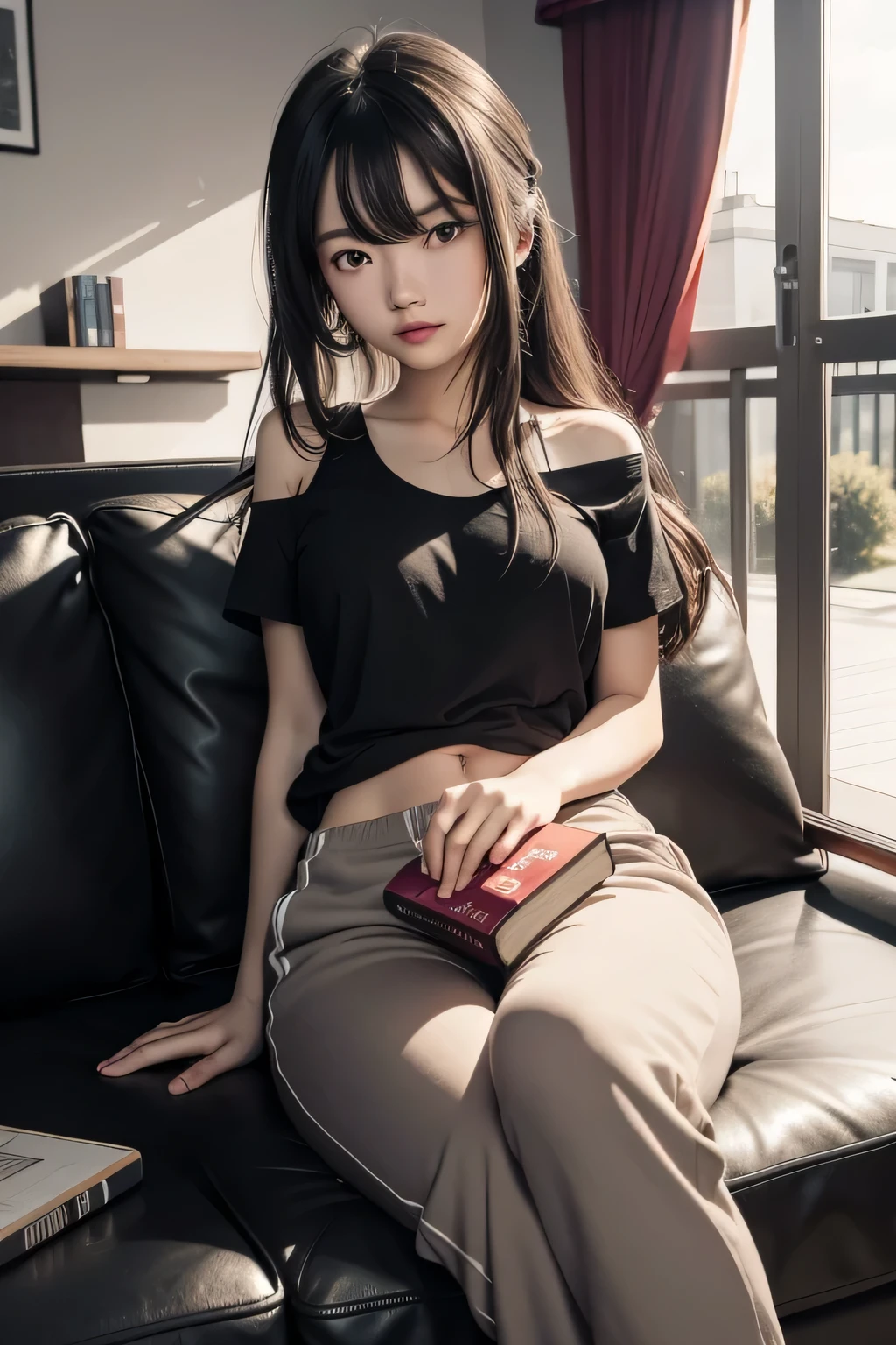 1girl , 19, Solo, Long wavy hair, Full body, facing viewer, (lounging on a sofa, laying stretched out on the sofa), (extremely detailed 8k wallpaper), cinematic lighting, high quality, low rise sweatpants, grey sweatpants, large oversized t-shirt hanging off one shoulder, Realistic, holding a book in one hand and one soft drink can in another