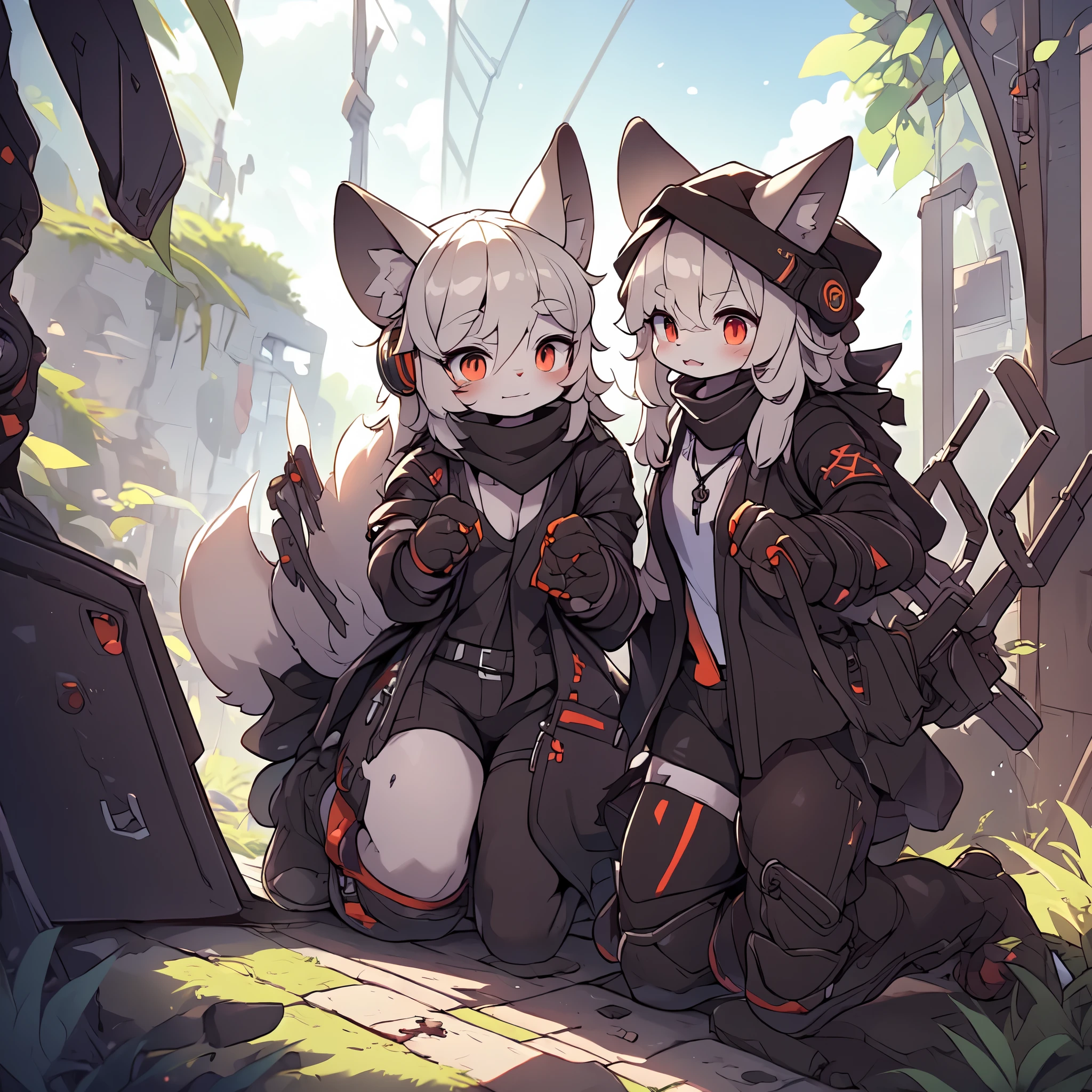 Kawaii, Striped Fluffy Fox, emaciated, long hair, 3girls, artificial synthetic skin, life support prosthetics, digital headphones, black tight latex bodysuit, white long dress, thigh-high-socks, shorts, loose off-the-shoulder hood open jacket, holsters in thigh, Mechanical boots, tactical knee pads, tactical belted loose Arm Sleeves, cybernetic Display gloves, chest rigs, tactical belts, blue archive halo, bulletproof goggles on forehead, from Ark nights, ray tracing, depth of field, bloom, masterpiece, ccurate, high details, highres