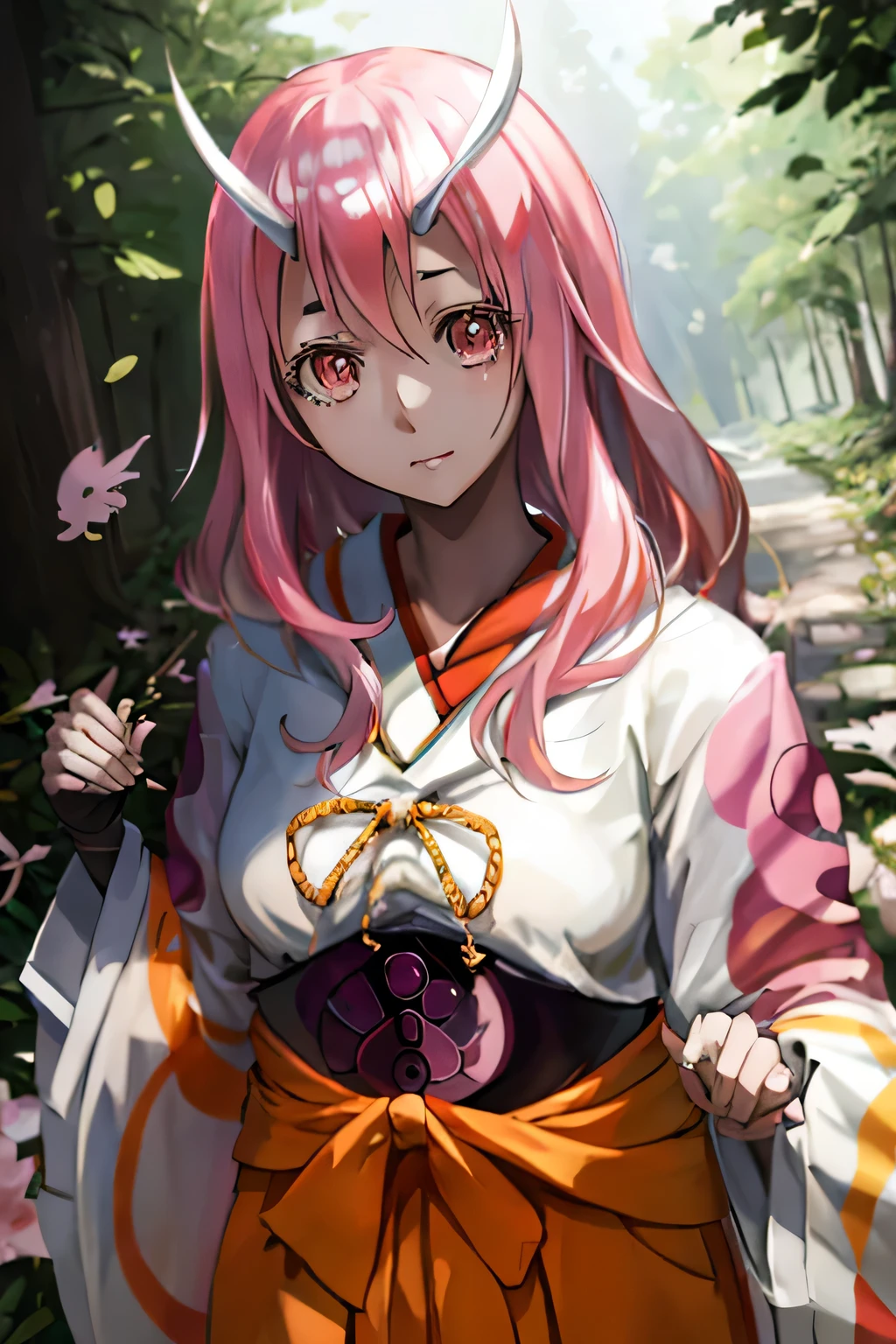 masterpiece, highest quality, Shuna (Tensura), One girl, alone, Long Hair, Pink Hair, Demon Horns, Hair between the eyes, kimono, Similarly, fantasy town, forest, walking