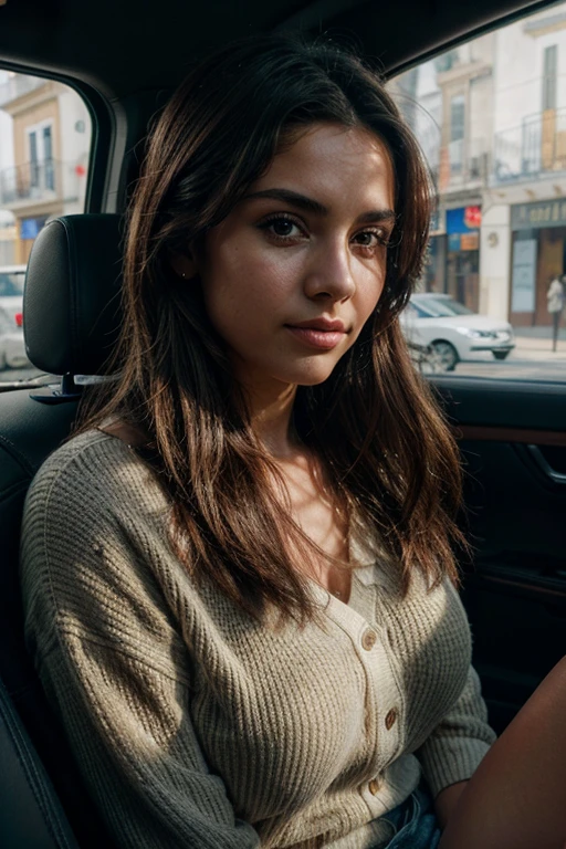 girl in the back seat of a car, sun rays, facing camera, casual dressed, distant,{{ Perfect proportion of facial features}},{{masterpiece}}, {{{best quality}}},{{ultra-detailed}}, {{illustration}},{{masterpiece}},{{{best quality}}},{{ultra-detailed}}, {{{illustration}}},clear facial features,beautiful scene,Photorealism,Realism,Photorealistic,high detail,hyper quality,high resolution,trending on artstation,hyperrealism,HD,16K,Unreal engine,rendered in octane,Corona Render,tilt-shift,Bottom view,Rembrandt Lighting,