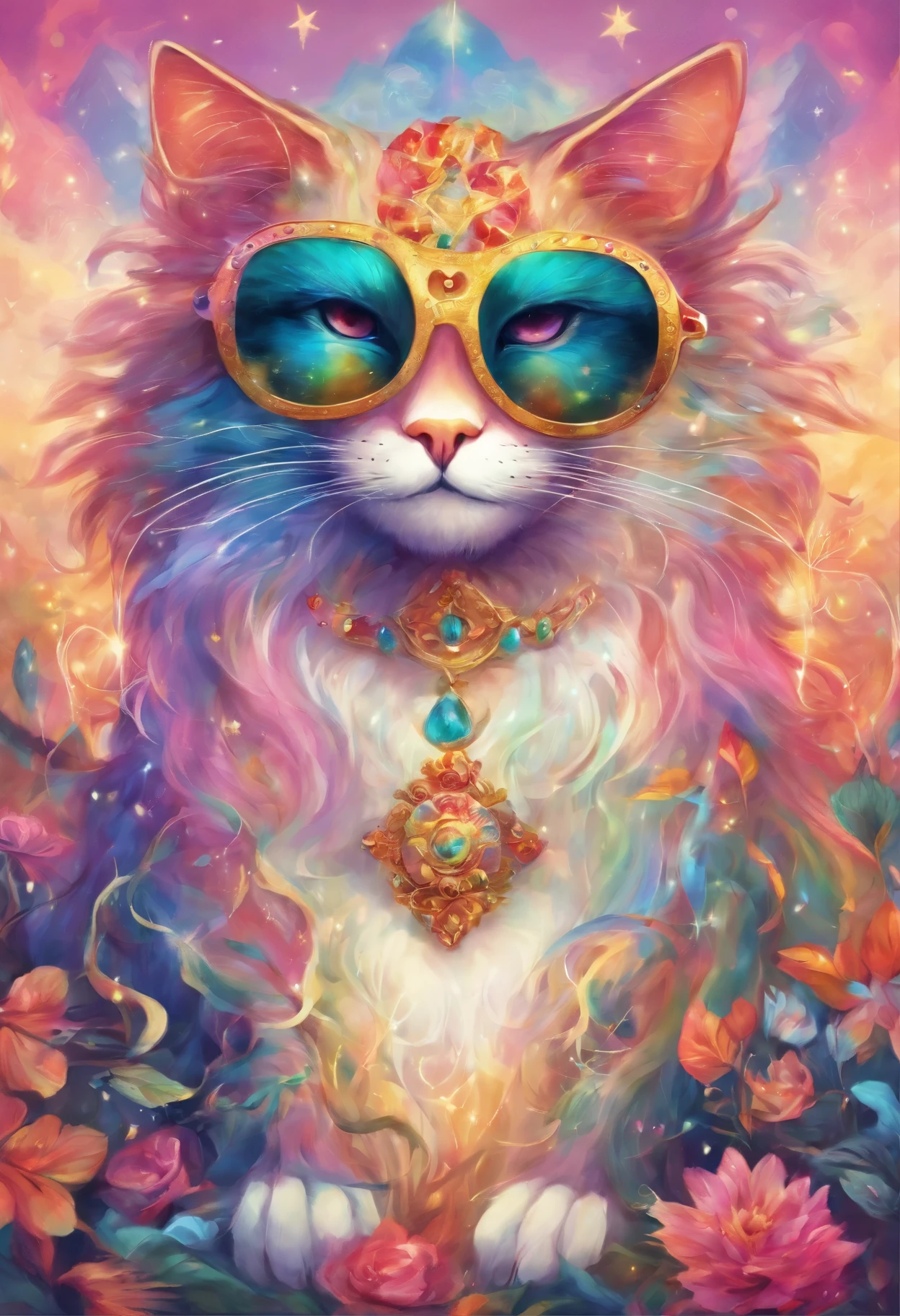 Playing poker,Soft pastel colors,sunglassesをかけた猫,Whimsical fantasy creatures,realistic fur texture,Sparkling, iridescent fur,sunglasses,Mischievous Smile,Enchanting background with twinkling stars,Fantastic lighting,Night Creatures Tags,Artistically detailed illustrations,High resolution,Beautiful Landscape,Breathtaking views,Vibrant colors,Fantasy art style