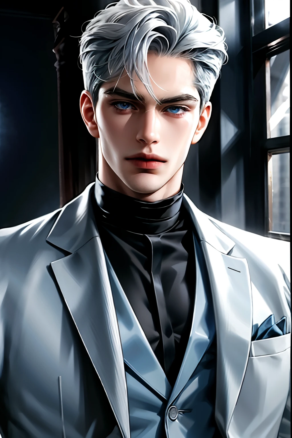 Fat, silver hair, blue eyes, serious sharp features, white skin, handsome, shirt, formal jacket