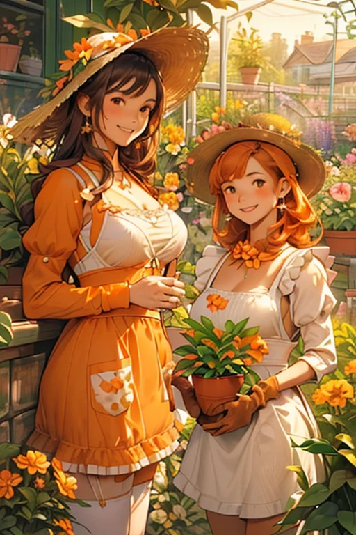 
masterpiece, best quality, ultra-detailed, extremely-detailed, '((2girls))', cute, '(((medium black hair girl and long orange hair girl)))', '(((maid)))', '(((maid light brown short costume)))', ((((medium ??????))))

'(((smile)))', 
'((((gardening))))', '(((potted plant)))', '(Straw hat)', '(((flower pot)))', '(((Watering the plants)))',
