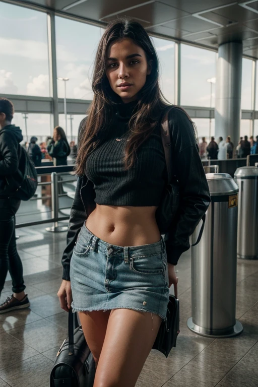gorgeous young spanish woman, wearing loose outnet, at the airport waiting tor ner tignt, wearing a black D ackpack, full body, beautiful face, masterpiece, best quality, ultra-detailed, solo, shadows, contrast, cinematic light, side lighting, ultra high resolution, best shadow, RAW, 4k, 85 mm, poca profundidad de campo, Kodak Vi sion Color, extremadamente detallado, Cinematographer_\(ultra\), photorealistic, Realstic, Postproceso, Maxi mum details, aspereza, vida real, ultra realista, fotorrealismo, Cinematographer, 8k UHD, Cinematographer